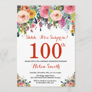 Floral Surprise 100th Birthday Invitation Red Kaart