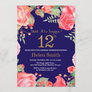 Floral Surprise 12th Birthday Gold Glitter Blue Kaart