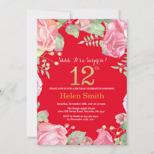Floral Surprise 12th Birthday Gold Glitter en Red Kaart