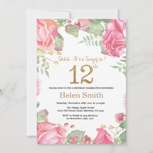 Floral Surprise 12th Birthday Gold Glitter Kaart (Voorkant)