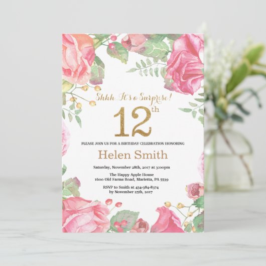 Floral Surprise 12th Birthday Gold Glitter Kaart (Staand voorkant)