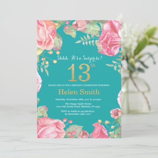 Floral Surprise 13e Verjaardag Goud en Blauwgroen Kaart (Staand voorkant)