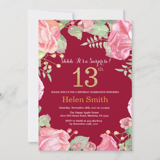Floral Surprise 13th Birthday Gold Burgundy Red Kaart (Voorkant)