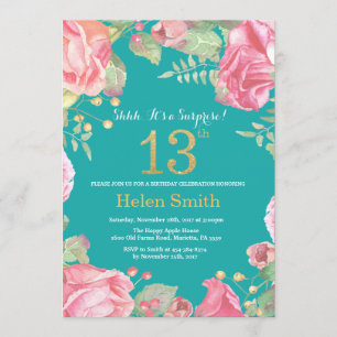 Floral Surprise 13th Birthday Gold en Blauwgroen Kaart