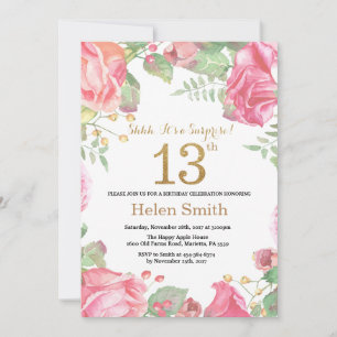 Floral Surprise 13th Birthday Gold Glitter Kaart