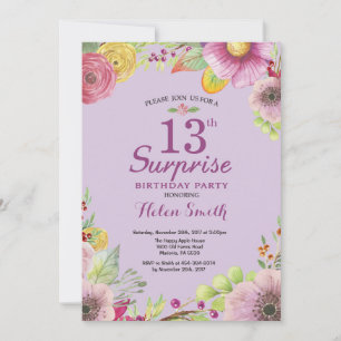 Floral Surprise 13th Birthday Invitation Paars Kaart