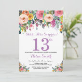 Floral Surprise 13th Birthday Invitation Paars Kaart (Staand voorkant)