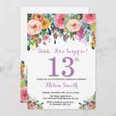Floral Surprise 13th Birthday Invitation Paars Kaart (Voorkant / Achterkant)