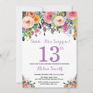 Floral Surprise 13th Birthday Invitation Paars Kaart