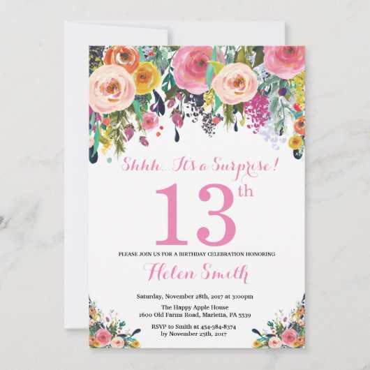 Floral Surprise 13th Birthday Invitation roze Kaart (Voorkant)