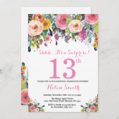 Floral Surprise 13th Birthday Invitation roze Kaart (Voorkant / Achterkant)
