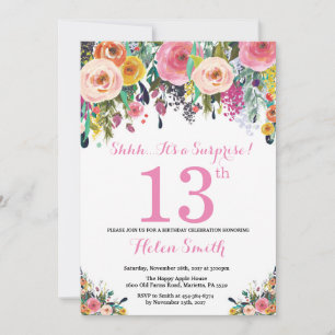 Floral Surprise 13th Birthday Invitation roze Kaart