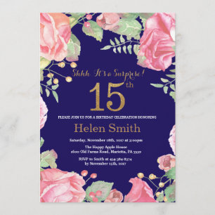 Floral Surprise 15th Birthday Gold Glitter Blue Kaart