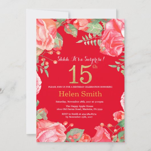 Floral Surprise 15th Birthday Gold Glitter en Red Kaart (Voorkant)