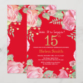 Floral Surprise 15th Birthday Gold Glitter en Red Kaart (Voorkant / Achterkant)