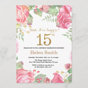 Floral Surprise 15th Birthday Gold Glitter Kaart