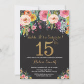 Floral Surprise 15th Birthday Invitation Gold Kaart (Voorkant)