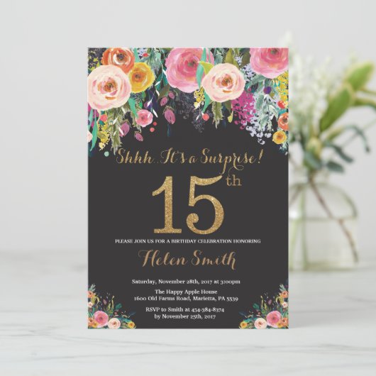Floral Surprise 15th Birthday Invitation Gold Kaart (Staand voorkant)