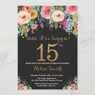 Floral Surprise 15th Birthday Invitation Gold Kaart