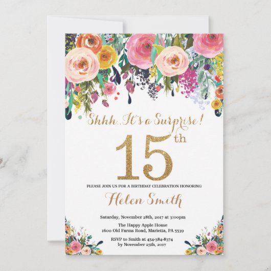 Floral Surprise 15th Birthday Invitation Gold Kaart (Voorkant)