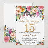 Floral Surprise 15th Birthday Invitation Gold Kaart (Voorkant / Achterkant)