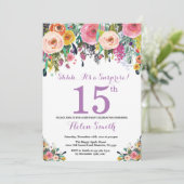 Floral Surprise 15th Birthday Invitation Paars Kaart (Staand voorkant)