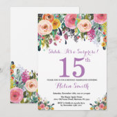 Floral Surprise 15th Birthday Invitation Paars Kaart (Voorkant / Achterkant)