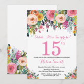 Floral Surprise 15th Birthday Invitation roze Kaart (Voorkant / Achterkant)