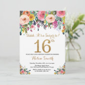 Floral Surprise 16e verjaardag uitnodiging goud (Staand voorkant)