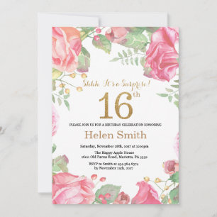 Floral Surprise 16th Birthday Gold Glitter Kaart