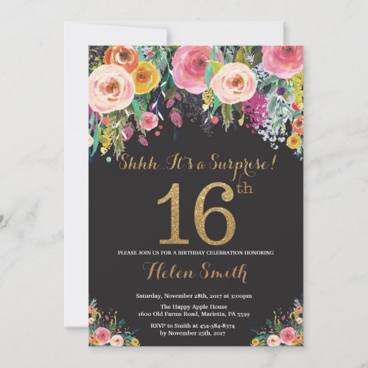 Floral Surprise 16th Birthday Invitation Gold Kaart (Voorkant)
