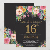 Floral Surprise 16th Birthday Invitation Gold Kaart (Voorkant / Achterkant)
