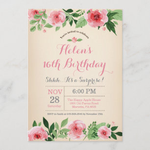 Floral Surprise 16th Birthday Invitation roze Kaart