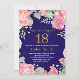 Floral Surprise 18e Verjaardag Gouden Glitter Blau Kaart