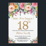 Floral Surprise 18e verjaardag uitnodiging goud<br><div class="desc">Floral Surprise 18e verjaardagsuitnodiging voor vrouwen. Waterverf bloemen. Gouden Glitter. Roze,  geel,  Oranje,  Paarse bloem. Verjaardag voor volwassenen. Voor verdere aanpassing klikt u op de knop "Aanpassen" en gebruikt u onze ontwerptool om deze sjabloon te wijzigen.</div>