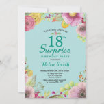 Floral Surprise 18th Birthday Blauwgroen Kaart<br><div class="desc">Floral Surprise 18th Birthday Invitation for Women. Waterverf Floral,  Blauwgroen Aqua Turquoise Achtergrond. Voor verdere aanpassing,  te klikken gelieve de knoop "van de Aanpassing het"en ons ontwerphulpmiddel te gebruiken om deze sjabloon te wijzigen.</div>