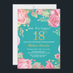 Floral Surprise 18th Birthday Gold en Blauwgroen Kaart<br><div class="desc">Floral Surprise 18th Birthday Invitation for Women. Waterverf botanische bloem. Gold Glitter. Roze pinda's bloemen. Volwassen verjaardag. Blauwgroen Aqua Turquoise Achtergrond. Voor verdere aanpassing,  te klikken gelieve de knoop "van de Aanpassing het"en ons ontwerphulpmiddel te gebruiken om deze sjabloon te wijzigen.</div>