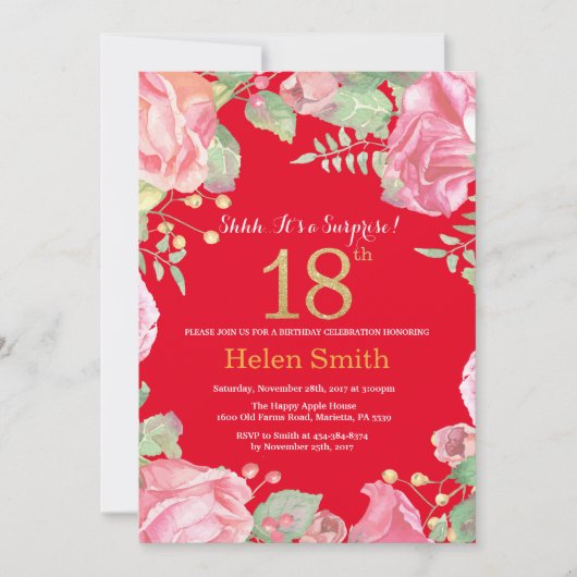 Floral Surprise 18th Birthday Gold Glitter en Red Kaart (Voorkant)
