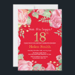 Floral Surprise 18th Birthday Gold Glitter en Red Kaart<br><div class="desc">Floral Surprise 18th Birthday Invitation for Women. Waterverf botanische bloem. Gold Glitter. Roze pinda's Floral Flowers. Volwassen verjaardag. Rode achtergrond. Voor verdere aanpassing,  te klikken gelieve de knoop "van de Aanpassing het"en ons ontwerphulpmiddel te gebruiken om deze sjabloon te wijzigen.</div>