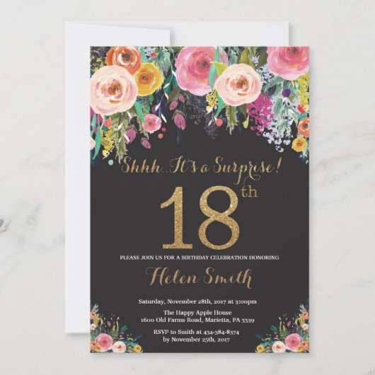 Floral Surprise 18th Birthday Invitation Gold Kaart (Voorkant)