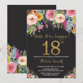 Floral Surprise 18th Birthday Invitation Gold Kaart (Voorkant / Achterkant)