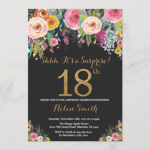 Floral Surprise 18th Birthday Invitation Gold Kaart
