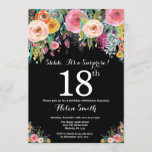 Floral Surprise 18th Birthday Invitation Kaart<br><div class="desc">Floral Surprise 18th Birthday Invitation for Women. Waterverf Floral Flower. Zwarte achtergrond. Roze, geel, Oranje, Paars ventilator. Volwassen verjaardag. 13e 15e 16e 18e 21e 30e 40e 50e 60e 70e 90e 100e, Alle leeftijden. Voor verdere aanpassing, te klikken gelieve de knoop "van de Aanpassing het"en ons ontwerphulpmiddel te gebruiken om deze...</div>