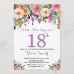 Floral Surprise 18th Birthday Invitation Paars Kaart<br><div class="desc">Floral Surprise 18th Birthday Invitation for Women. Waterverf bloem. Roze, geel, Oranje, Paars ventilator. Volwassen verjaardag. 30e 40e 50e 60e 70e 90e 100e 13e 15e 16e 18e 20e 21e elke leeftijd. Voor verdere aanpassing, te klikken gelieve de knoop "van de Aanpassing het"en ons ontwerphulpmiddel te gebruiken om deze sjabloon te...</div>