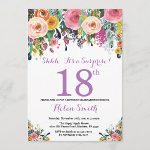 Floral Surprise 18th Birthday Invitation Paars Kaart