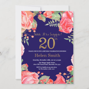 Floral Surprise 20th Birthday Gold Glitter Blue Kaart