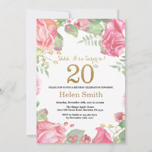 Floral Surprise 20th Birthday Gold Glitter Kaart