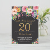 Floral Surprise 20th Birthday Invitation Gold Kaart (Staand voorkant)