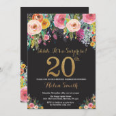 Floral Surprise 20th Birthday Invitation Gold Kaart (Voorkant / Achterkant)