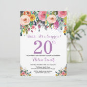 Floral Surprise 20th Birthday Invitation Paars Kaart (Staand voorkant)